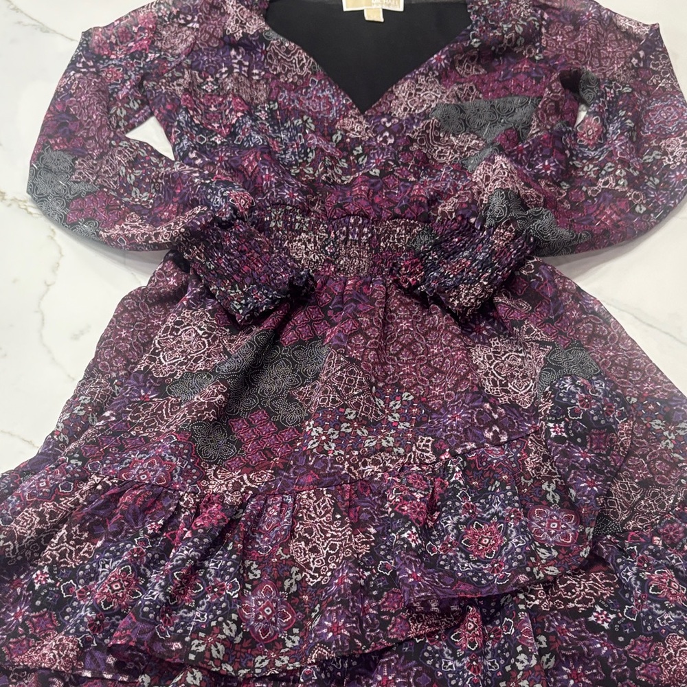 MICHAEL Michael Kors patchwork Georgette smock-waist Floral Long Sleeve Dress - Picture 5 of 14